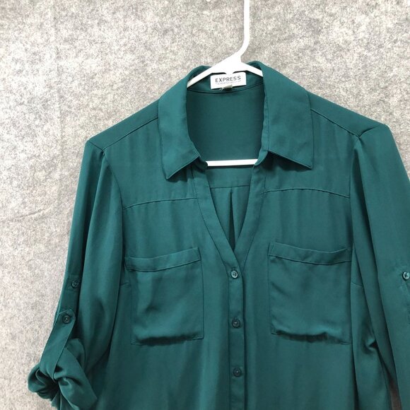 Express Portofino Shirt Womens M Emerald Green Chiffon Roll Tab Sleeve - Picture 3 of 9